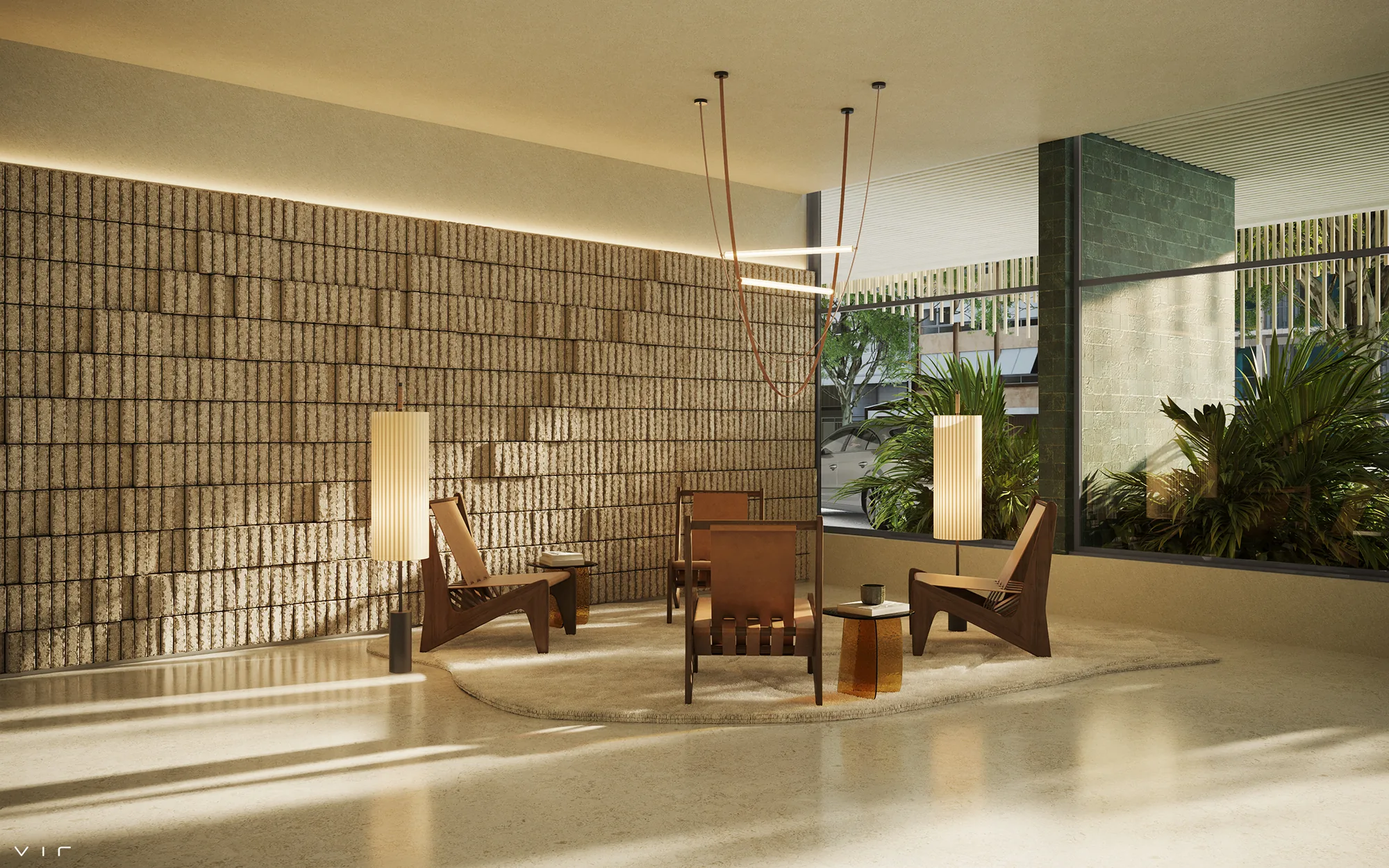 Lobby do Ipanema Almar com painel texturizado e mobiliário em madeira